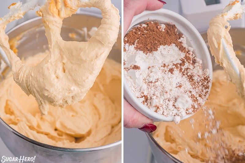 Collage showing cheesecake mixture in a stand mixer and then adding dry ingredients to the mixture.