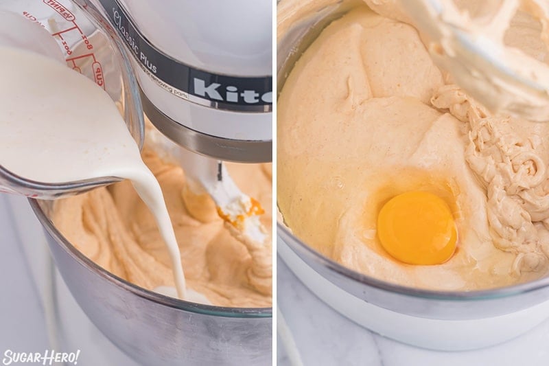 Collage of pouring heavy cream into stand mixer and then adding one egg to cheesecake mixture.