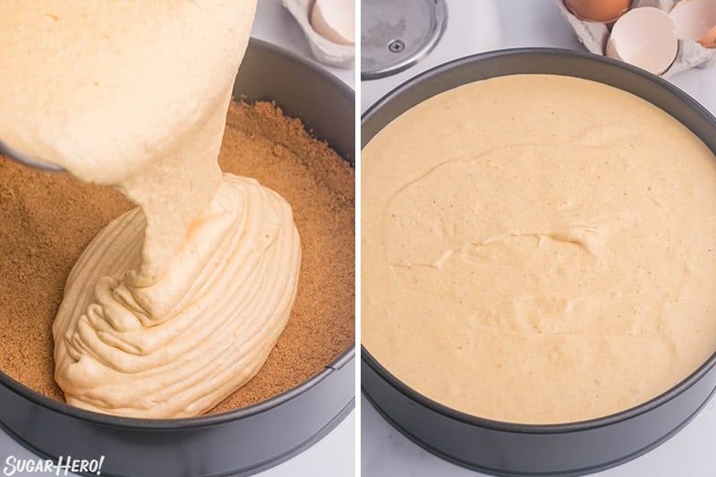 Collage showing the pouring of pumpkin spice cheesecake mixture into springform pan with graham crust already in the pan.