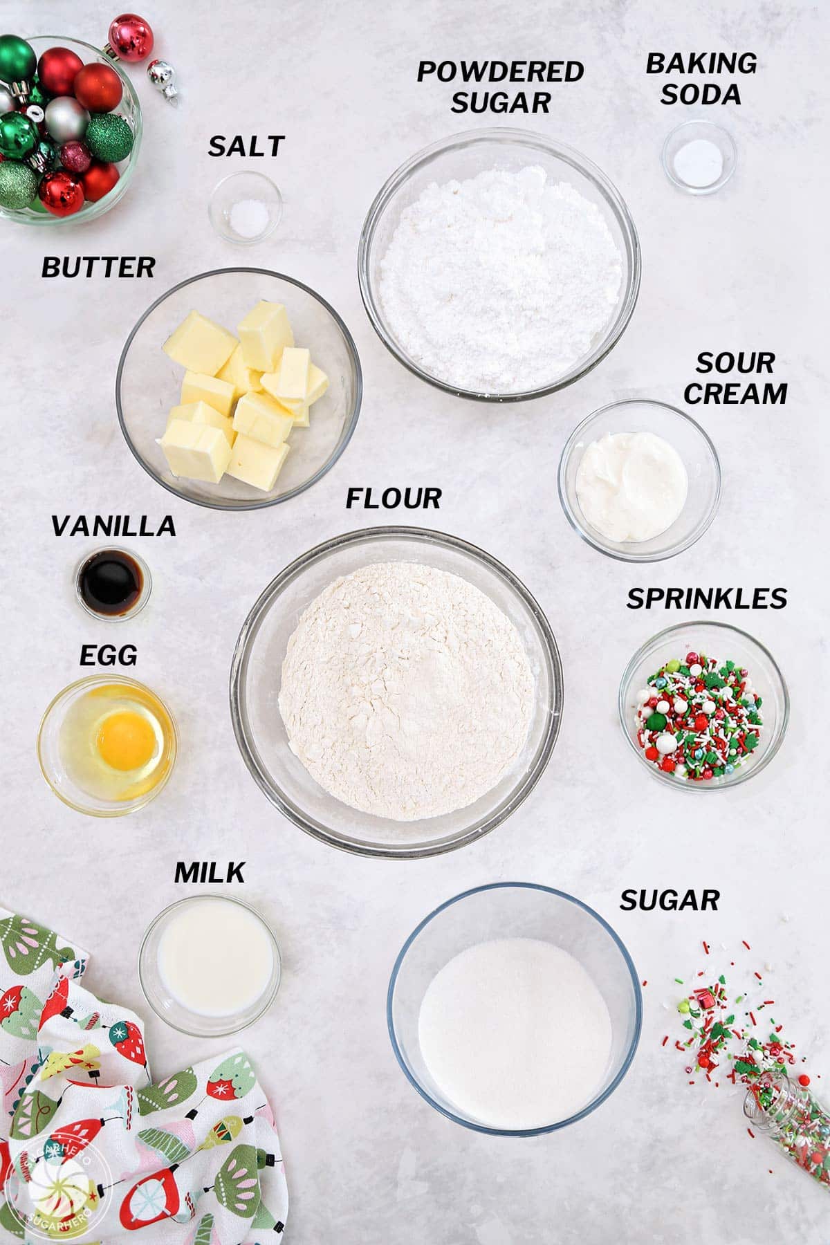 Ingredients for Big Soft Sugar Cookies measure out and labeled.