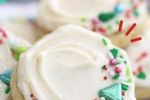 Close up of a big soft sugar cookie with text overlay.