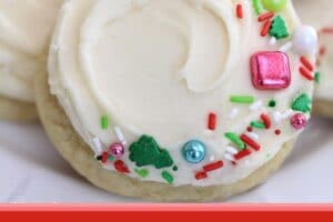 Pinterest collage showing big soft sugar cookies with text overlay at the bottom of the photo.