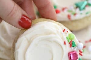 Pinterest collage showing big soft sugar cookies with text overlay at the top left of the photo.