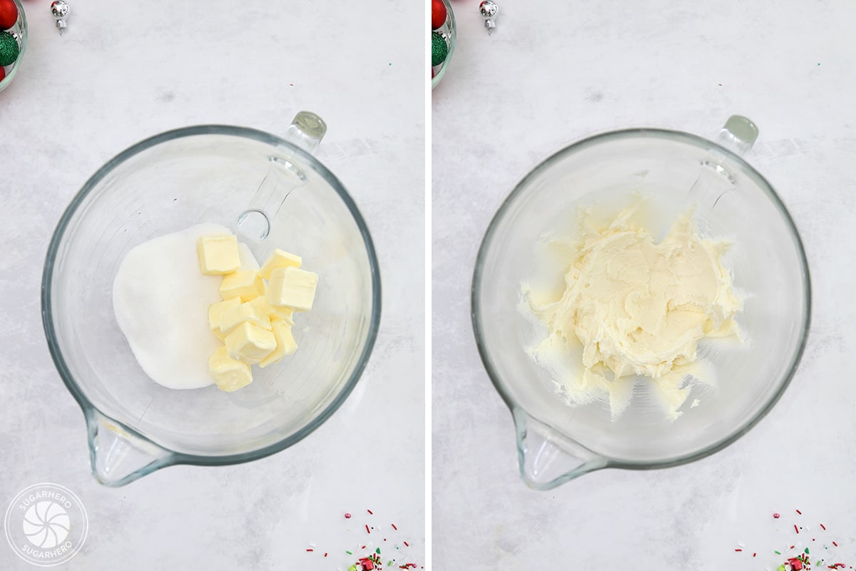 Process collage showing butter and sugars being mixed in a glass mixing bowl.