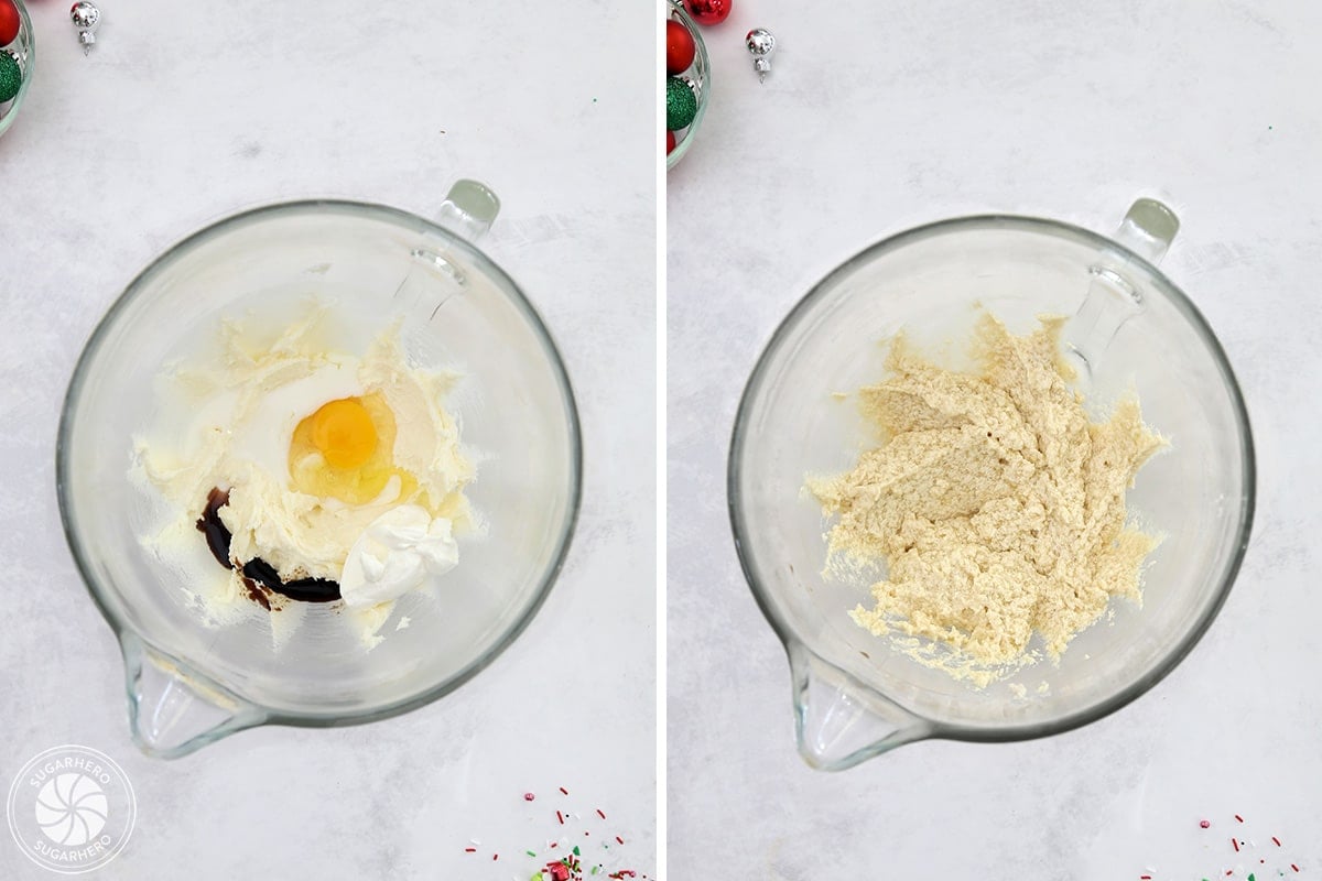 Process collage showing eggs and vanilla being mixed in with butter and sugars.