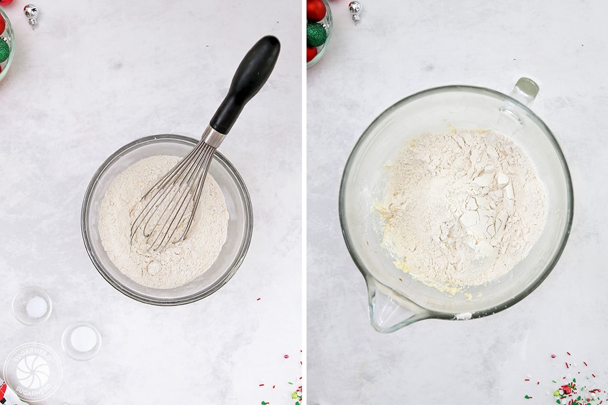Process collage showing dry ingredients for Big Soft Sugar Cookies in glass mixing bowl.