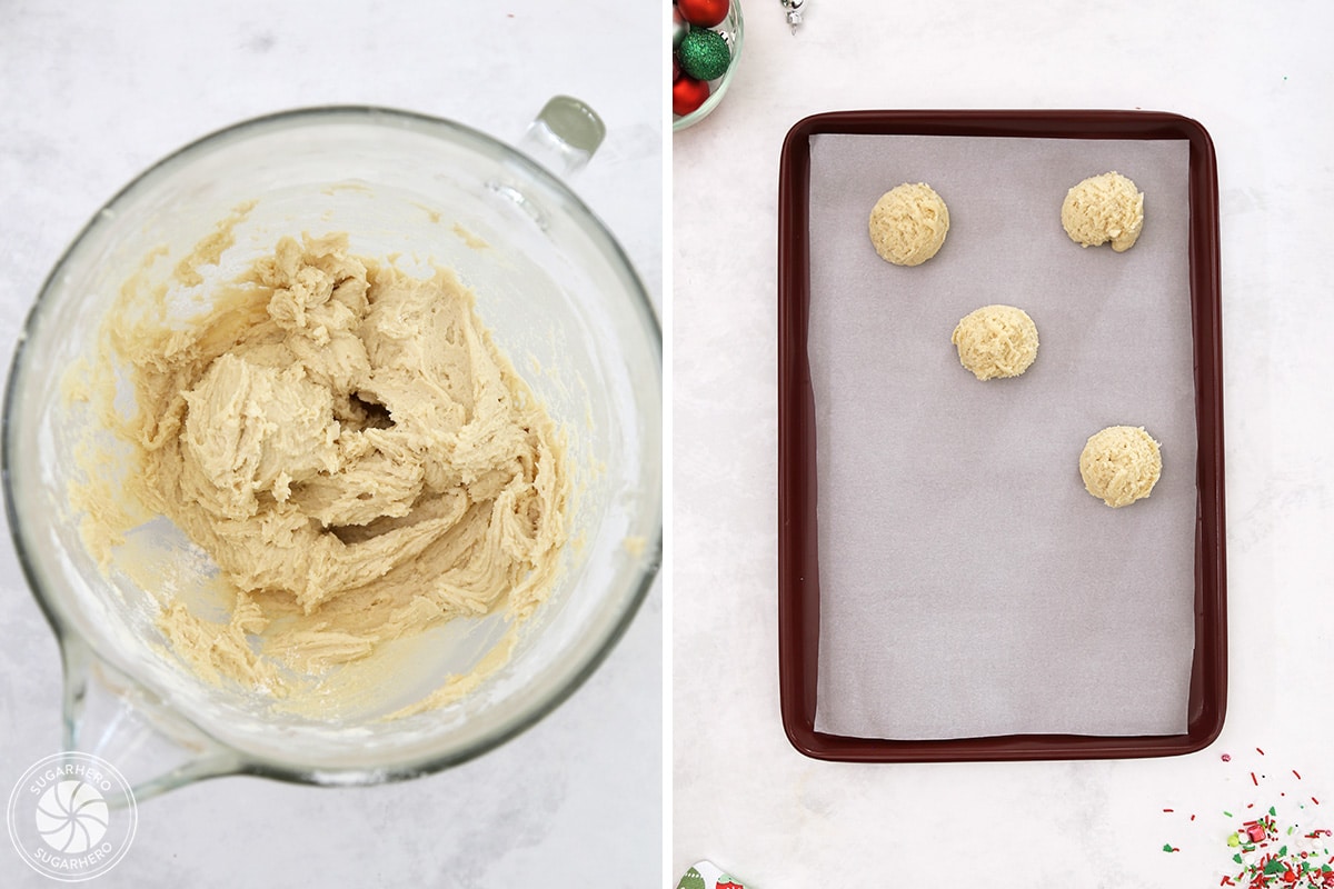 Process collage showing big soft sugar cookie dough balls being placed on cookie sheet lined with parchment paper.