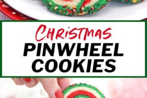 Two photo collage of Christmas Pinwheel Cookies with overlay text for Pinterest