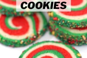 Photo of Christmas Pinwheel Cookies with text overlay for Pinterest