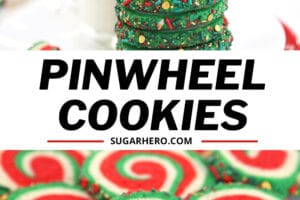 Two photo collage of Christmas Pinwheel Cookies with overlay text for Pinterest
