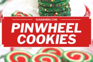 Two photo collage of Christmas Pinwheel Cookies with overlay text for Pinterest