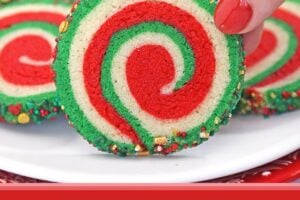 Photo of Christmas Pinwheel Cookies with text overlay for Pinterest