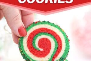 Photo of Christmas Pinwheel Cookies with text overlay for Pinterest