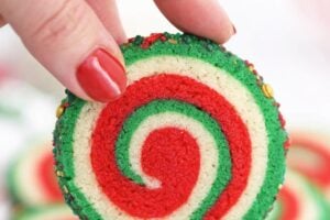 Photo of Christmas Pinwheel Cookies with text overlay for Pinterest