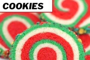 Photo of Christmas Pinwheel Cookies with text overlay for Pinterest