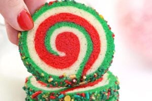 Photo of Christmas Pinwheel Cookies with text overlay for Pinterest