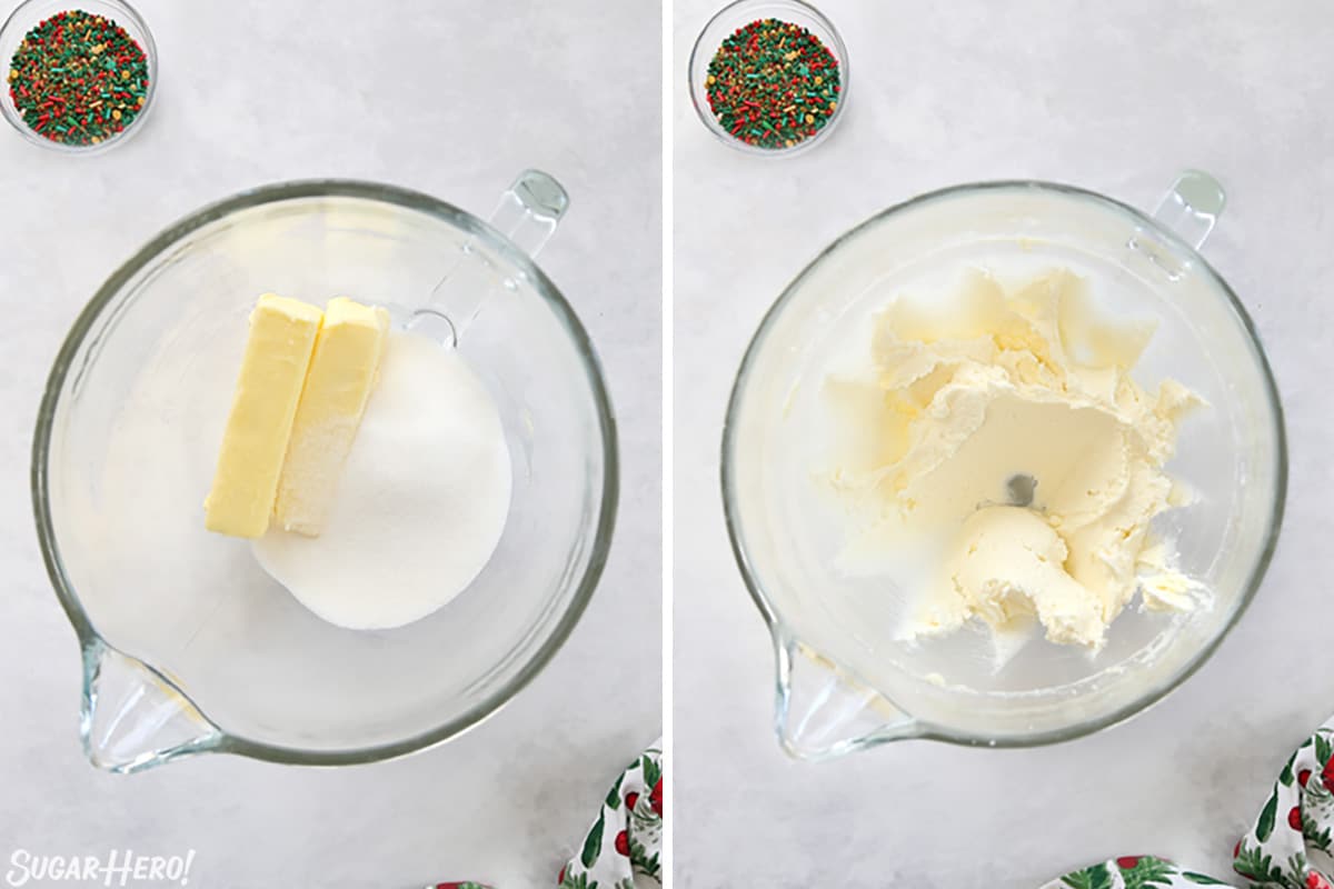Two-photo collage showing how to make Christmas pinwheel cookie dough.