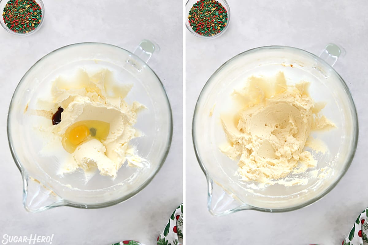 Two-photo collage showing how to make Christmas pinwheel cookie dough.
