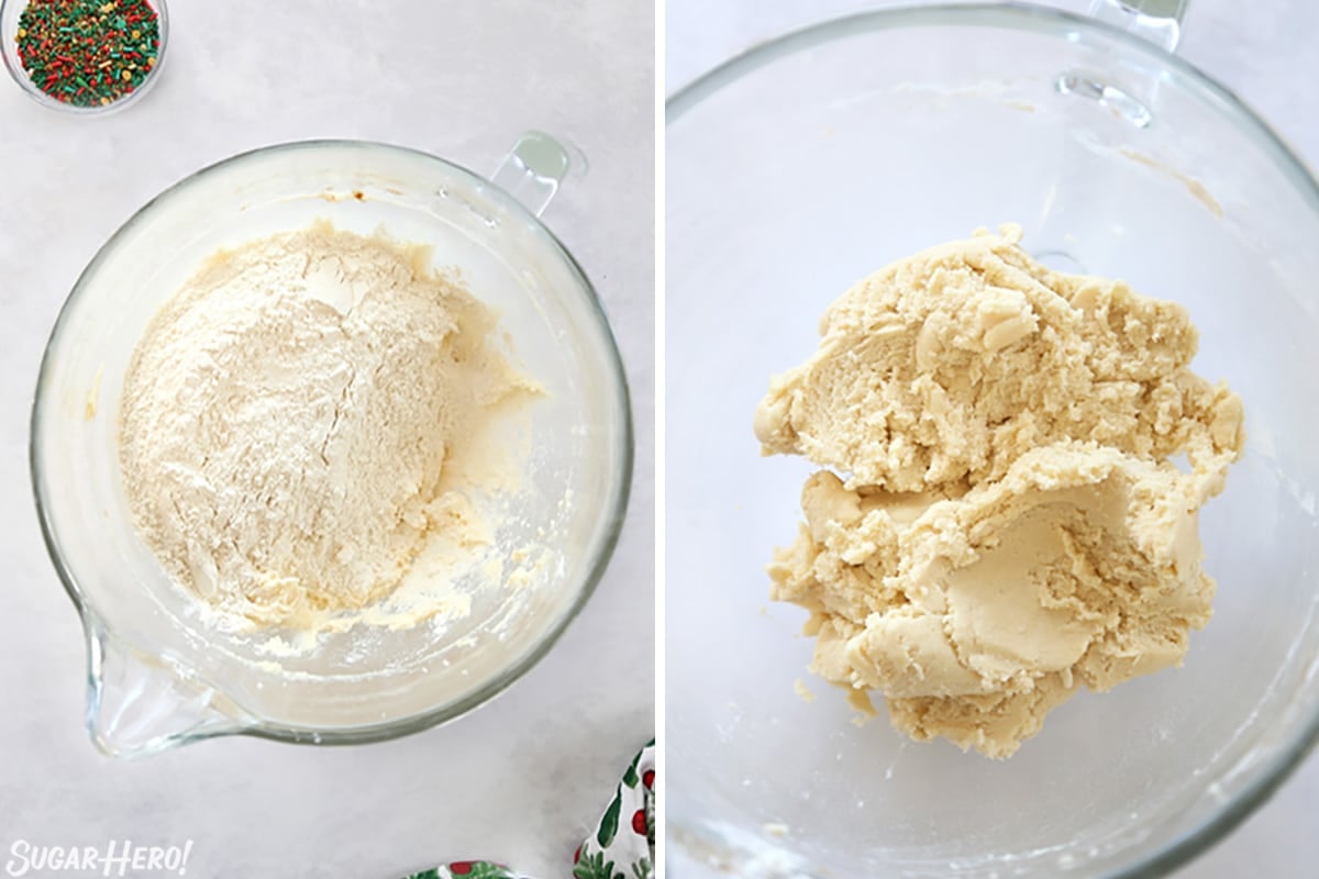 Two-photo collage showing how to make Christmas pinwheel cookie dough.