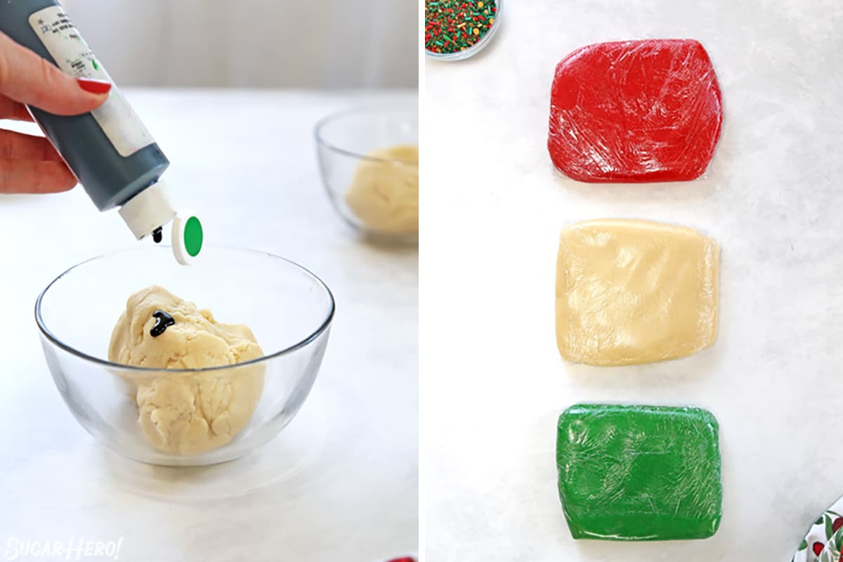 Two-photo collage showing how to divide and color sugar cookie dough for pinwheel cookies.