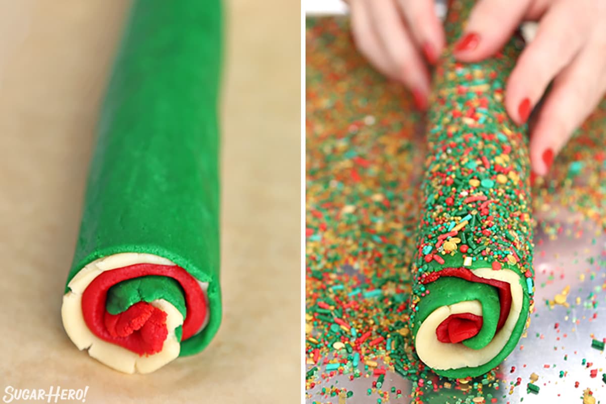 Two-photo collage showing how to roll up pinwheel cookies and roll them in sprinkles.