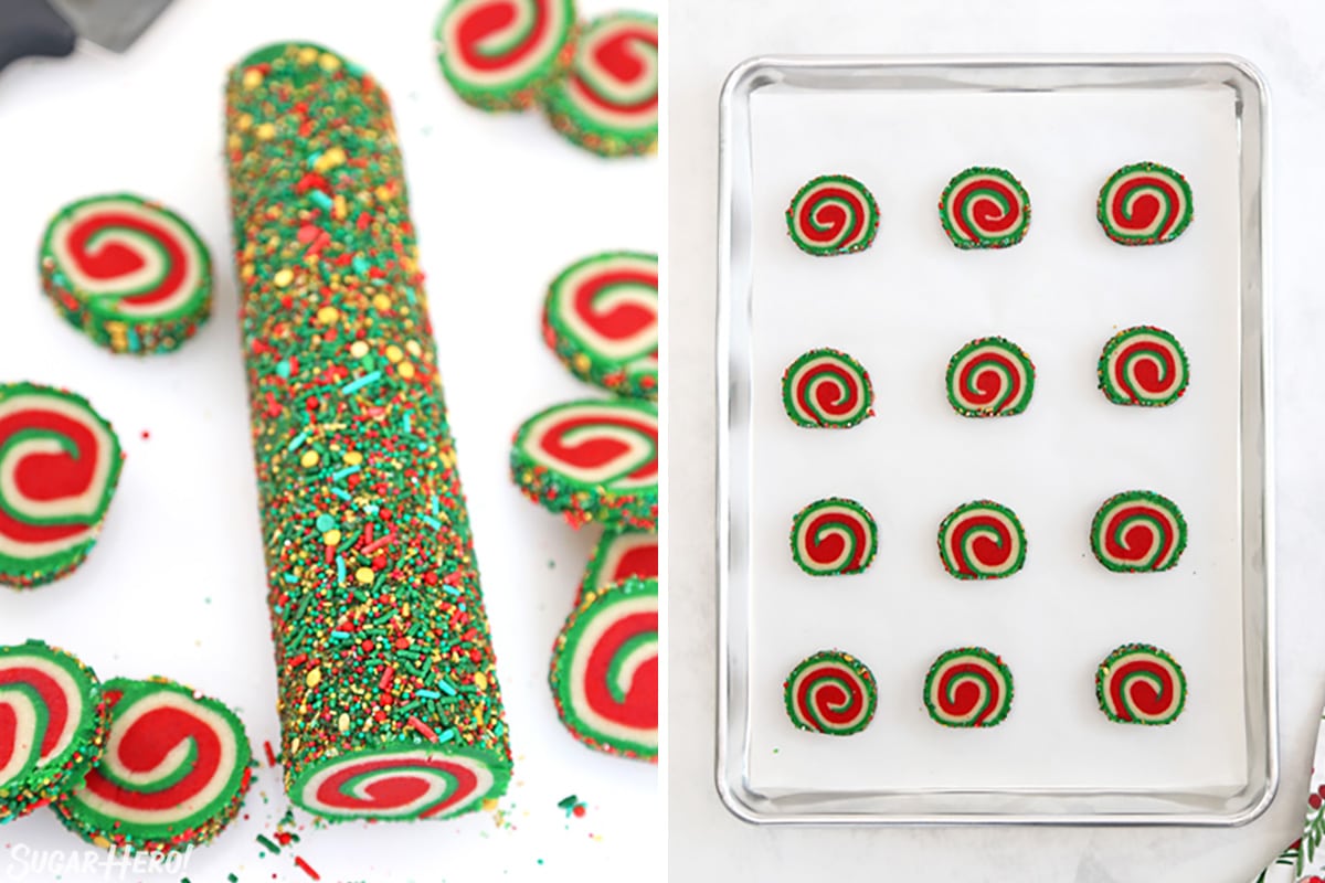 Two-photo collage showing how to slice and bake Christmas Pinwheel Cookies.
