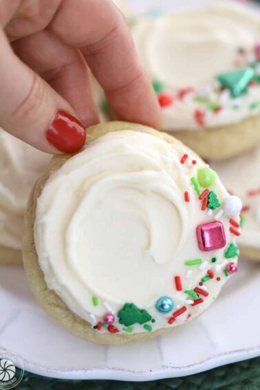 Hand displaying a large sugar cookie covered with vanilla frosting and colorful sprinkles.