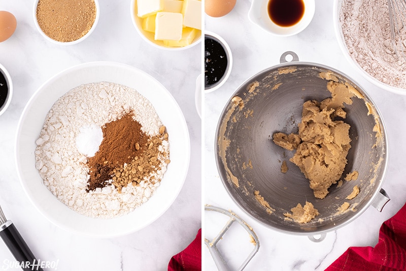 Two-photo collage showing how to sift dry ingredients and cream butter and sugar for gingerbread cookie dough.