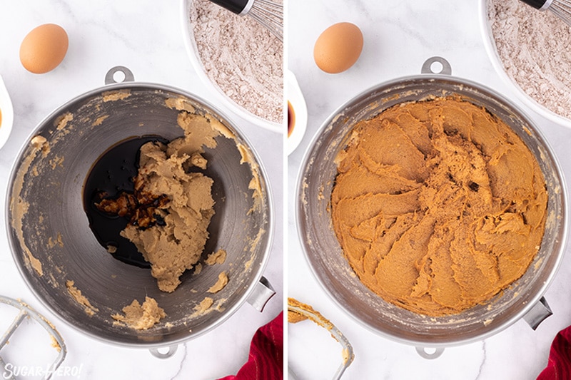 Two-photo collage showing how to cream butter, sugar, and molasses for gingerbread cookie dough.