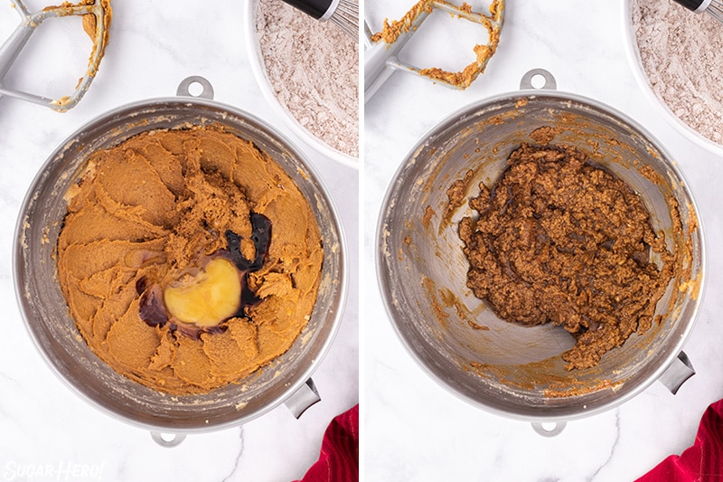 Two-photo collage showing how to make gingerbread cookie dough.
