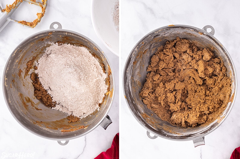 Two-photo collage showing how to add flour and finish mixing gingerbread cookie dough.