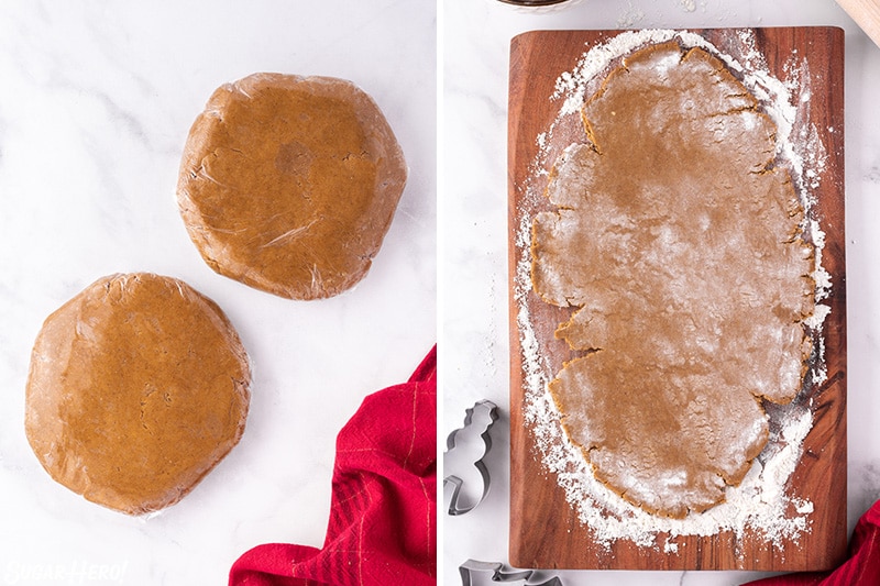 Two-photo collage showing how to wrap and roll out gingerbread cookie dough.