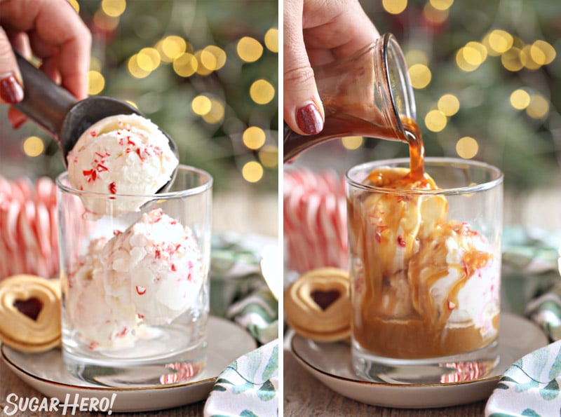 Two photo collage showing scooping ice cream and pouring coffee into a glass.