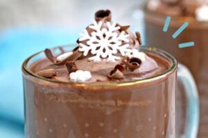 Photo of Peppermint Hot Chocolate with text overlay for Pinterest.