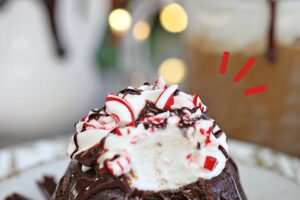 Photo of Peppermint Lava Cakes with text overlay for Pinterest.