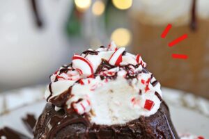 Photo of Peppermint Lava Cakes with text overlay for Pinterest.
