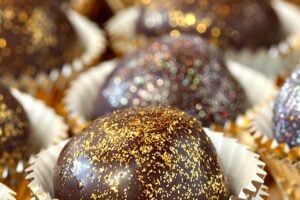 Photo of Sparkling Disco Chocolate Truffles with text overlay for Pinterest.