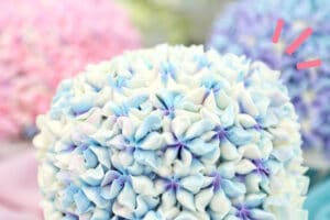 Picture of Hydrangea Cakes with text overlay for Pinterest.