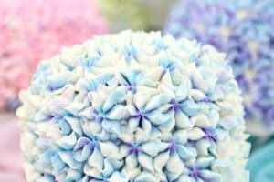 Picture of Hydrangea Cakes with text overlay for Pinterest.