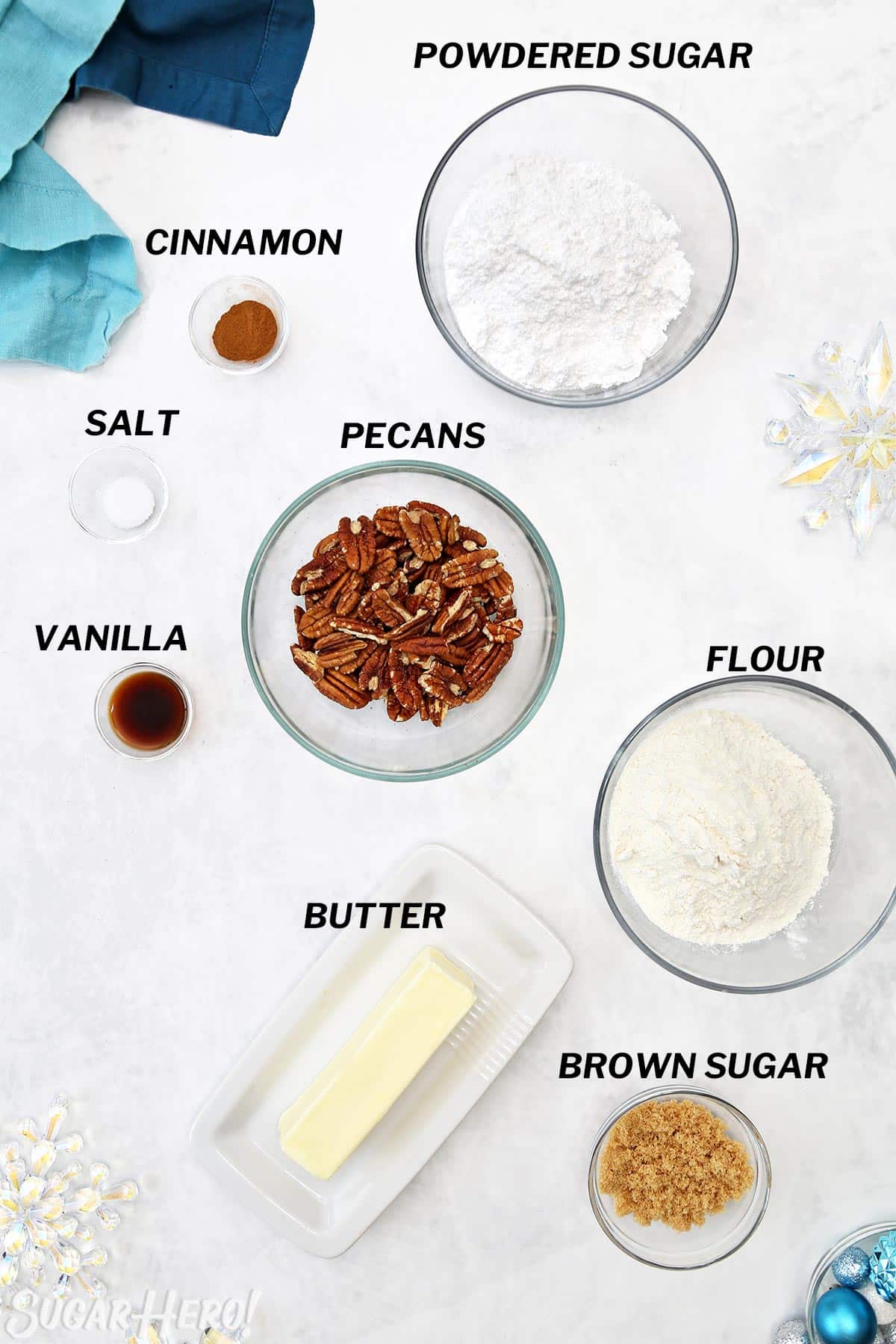 Overhead shot of ingredients needed to make Snowball Pecan Cookies.