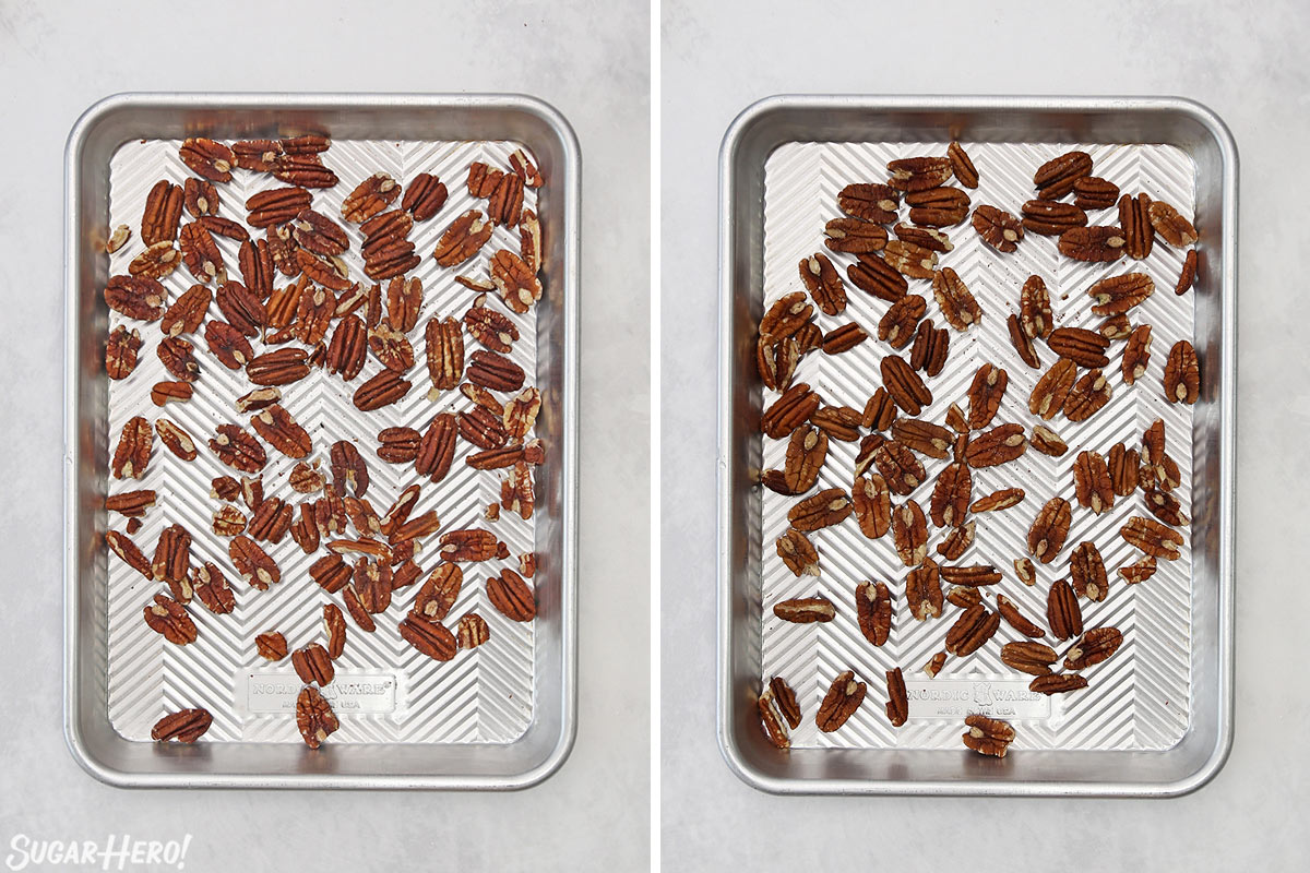 Photo collage showing toasting pecans.
