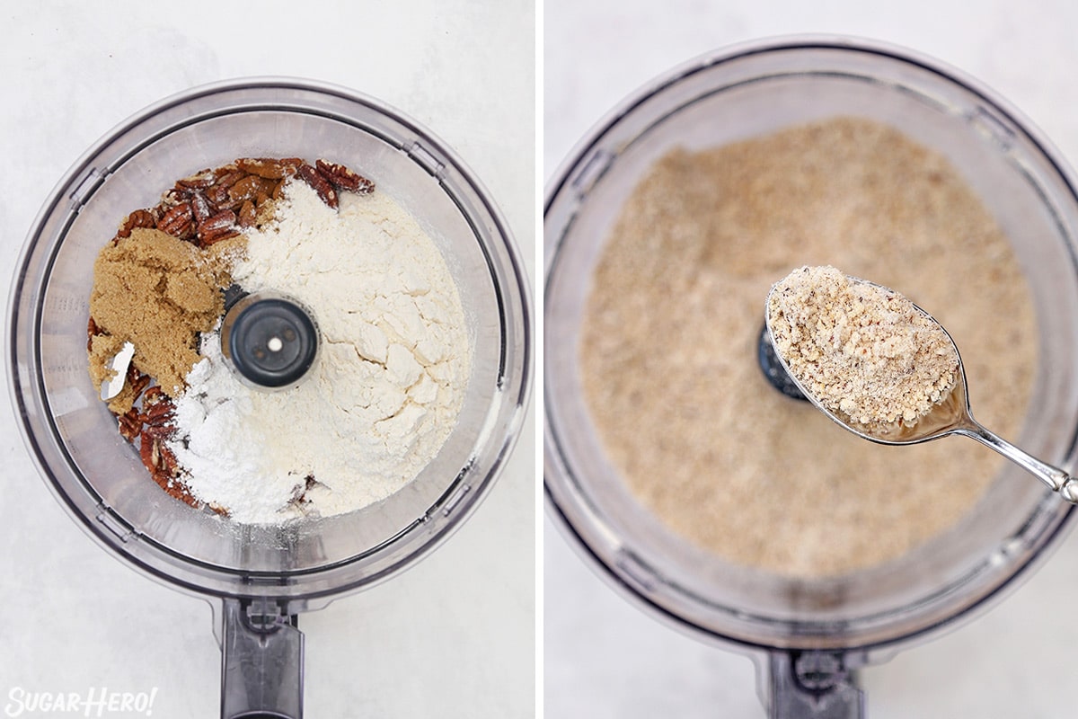 Photo collage showing how to mix the dry ingredients for snowball cookies.
