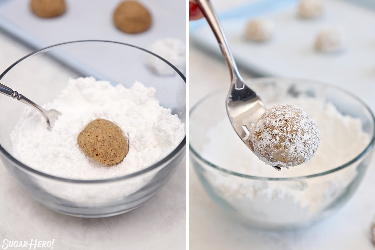 Photo collage showing how to dip snowball cookies in powdered sugar.