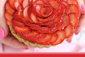 Picture of Strawberry Rose Tarts with text overlay for Pinterest.