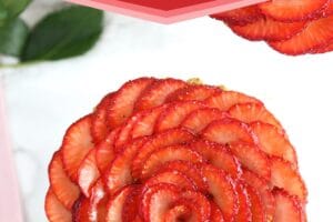 Picture of Strawberry Rose Tarts with text overlay for Pinterest.