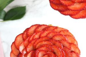 Picture of Strawberry Rose Tarts with text overlay for Pinterest.