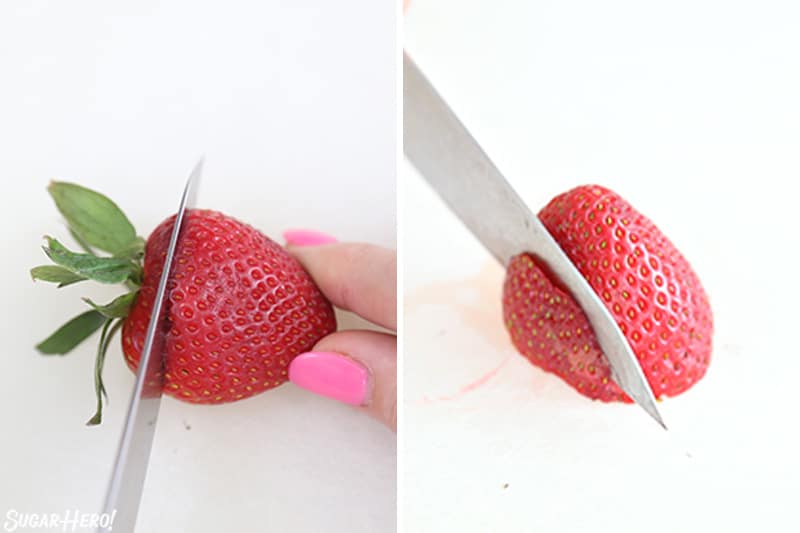 Two photo collage showing how to slice strawberries for Strawberry Rose Tarts.