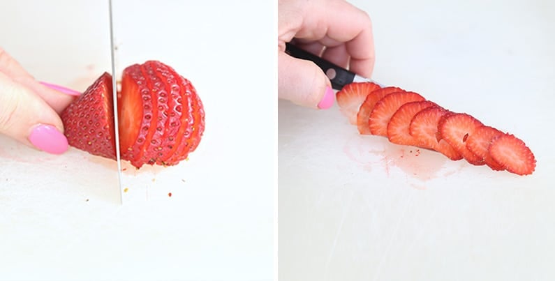 Two photo collage showing how to slice and arrange strawberries for Strawberry Rose Tarts.