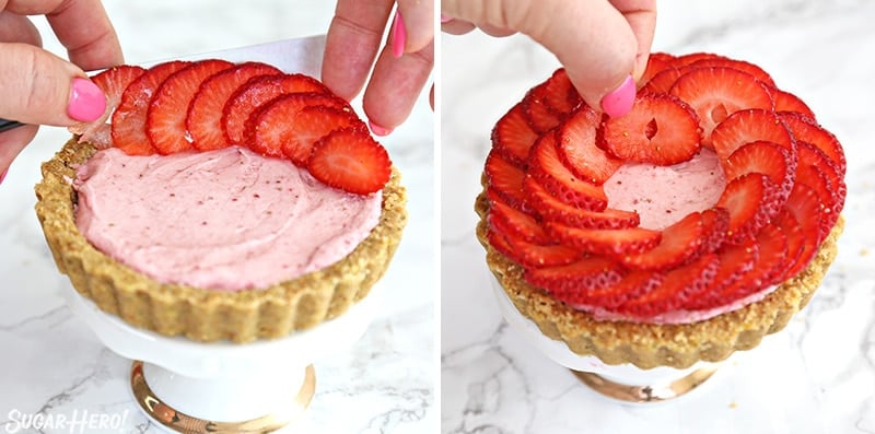 Two photo collage showing how to arrange strawberries on top of a tart to make a rose shape.