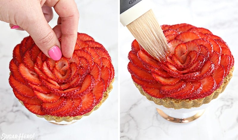 Two photo collage showing how to arrange strawberries in a rose shape and brush them with fruit glaze.